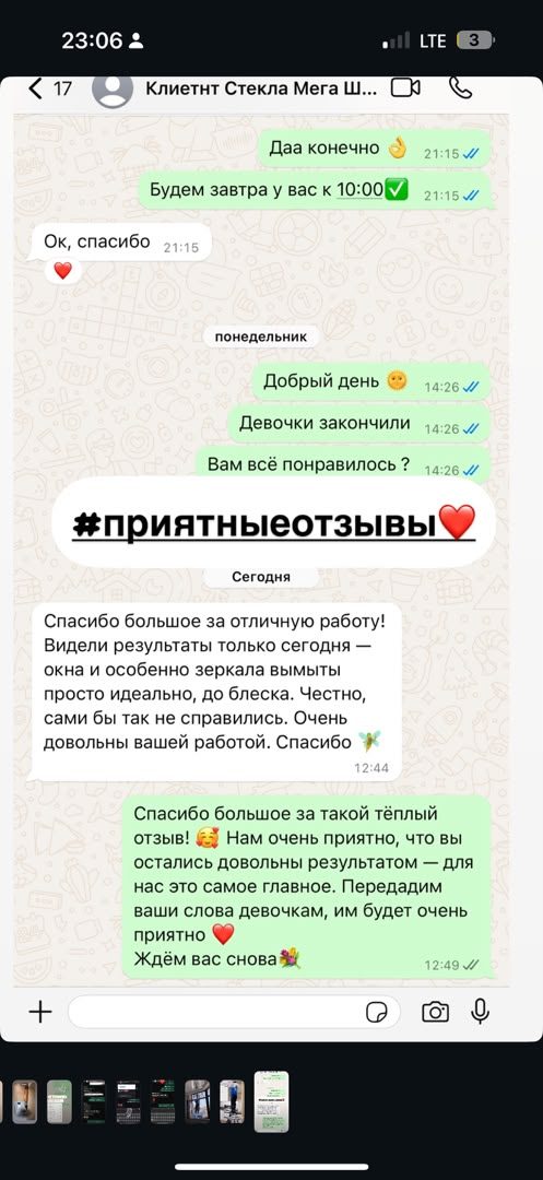 WhatsApp chat screenshot — a client thanks us for washing the windows and mirrors